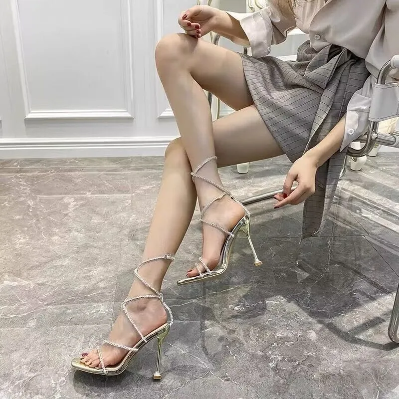 Sexy Trendy Women's Sandals 2023 Summer New Gold Silver Color Knot mid High Heel Fairy Style Fashionable Cross Buckle Roman S...