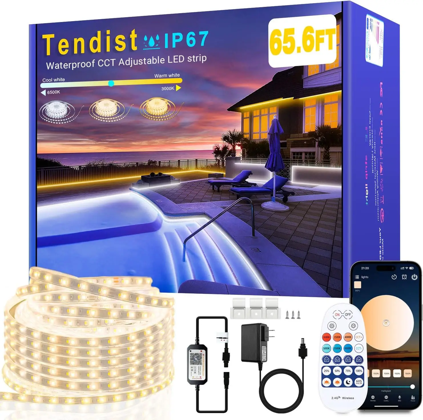 65.6ft Outdoor LED Strip Lights, IP67 Waterproof, Dimmable 3000K-6500K, with Remote & App, 24V Adhesive for Patio, Deck, Gazebo
