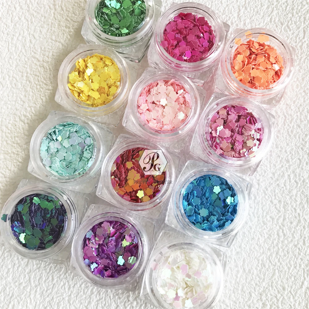 PrettyG 1 Set 12Color Box 3MM Plum Blossom Sequins Glitter Colourful Opal Mix Color Glitter For Resin DIY Nail Art Decoration