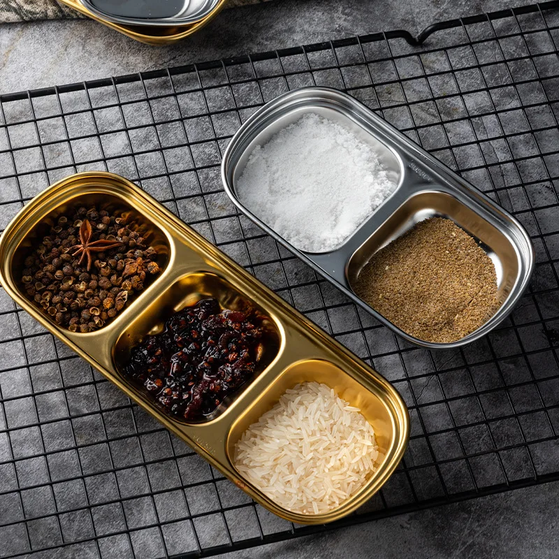 Stainless Steel Divided Dip Bowls Sauce Plate Seasoning Dipping Condiment Tray for BBQ Vinegar Spice Ketchup Salt Sugar Flavor