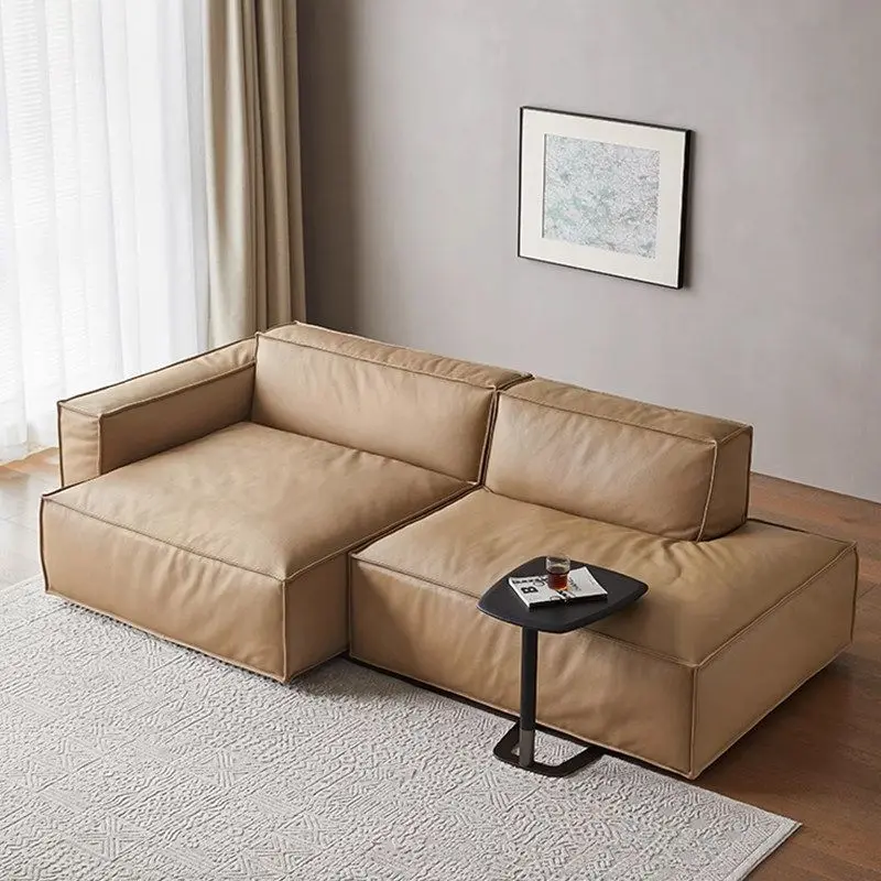 Special-shaped tofu block leather sofa first layer, cowhide straight row corner Italian minimalist large apartment living room