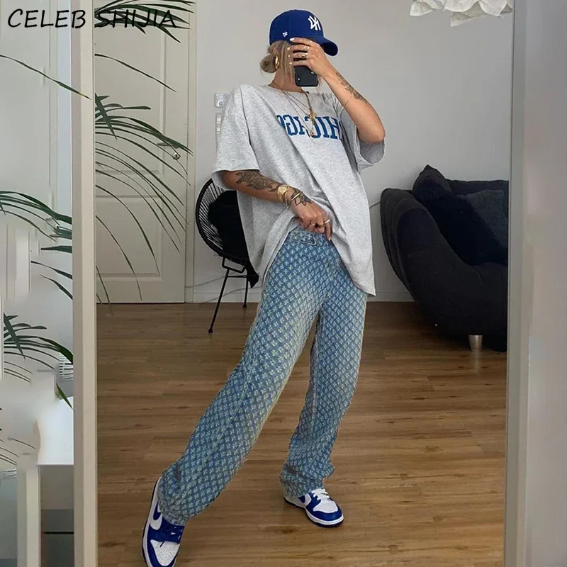 

Vintage Streetwear Ripped Jeans for Women Blue High Waist Straight Leg Pants Female Clothes Y2k Hole Pantalones Mom Jean Woman