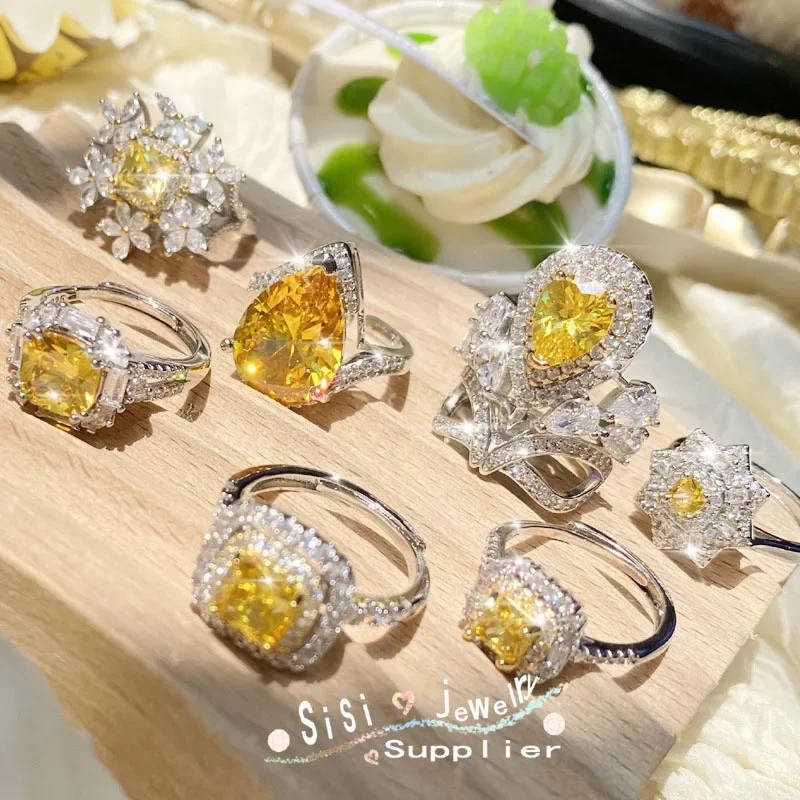 Brillian New  Adjustable Size Ring Yellow AAA Zircon Water Drop Geometry Series Ring Wedding Ball Valentine's Day Jewelry Gift