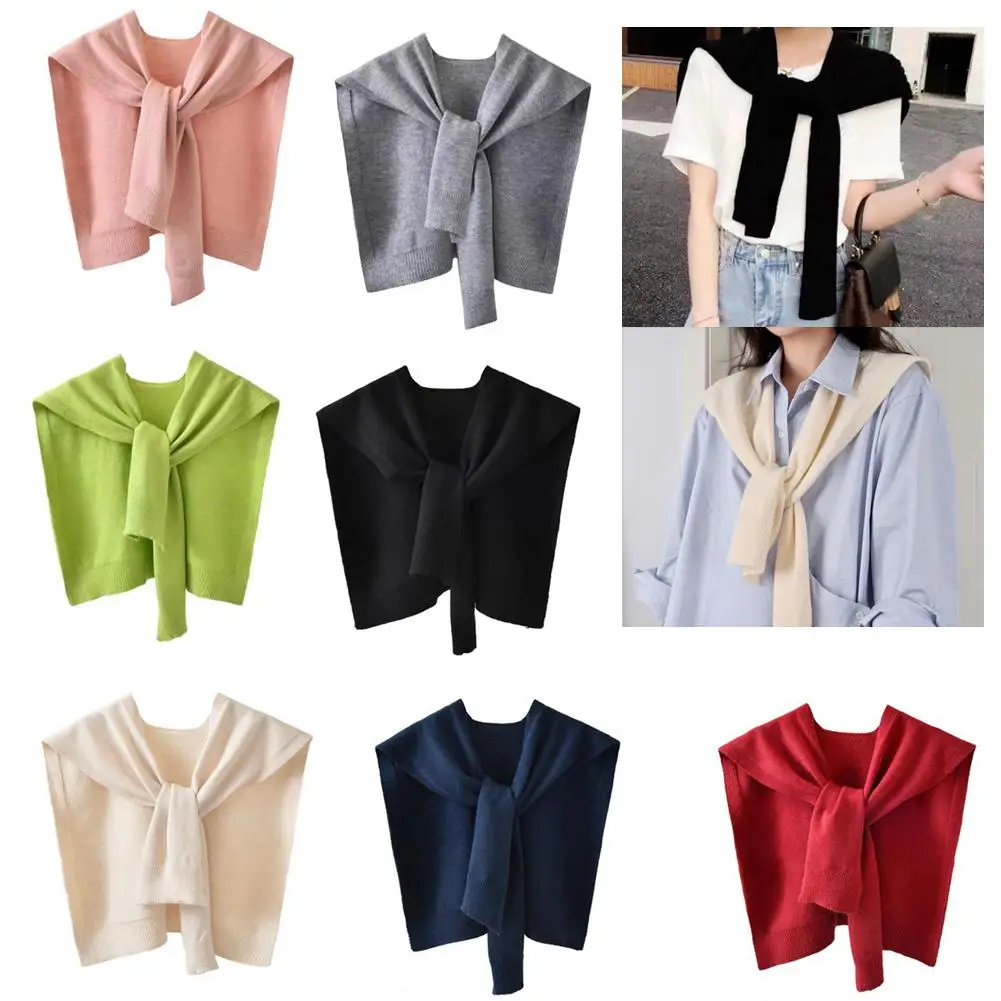 Core-covered Yarn Knitted Shawl Women Summer All-matching Summer Knotted Cardigan Accessories Lapel Fake Thin Fake Scarf Co A6G0