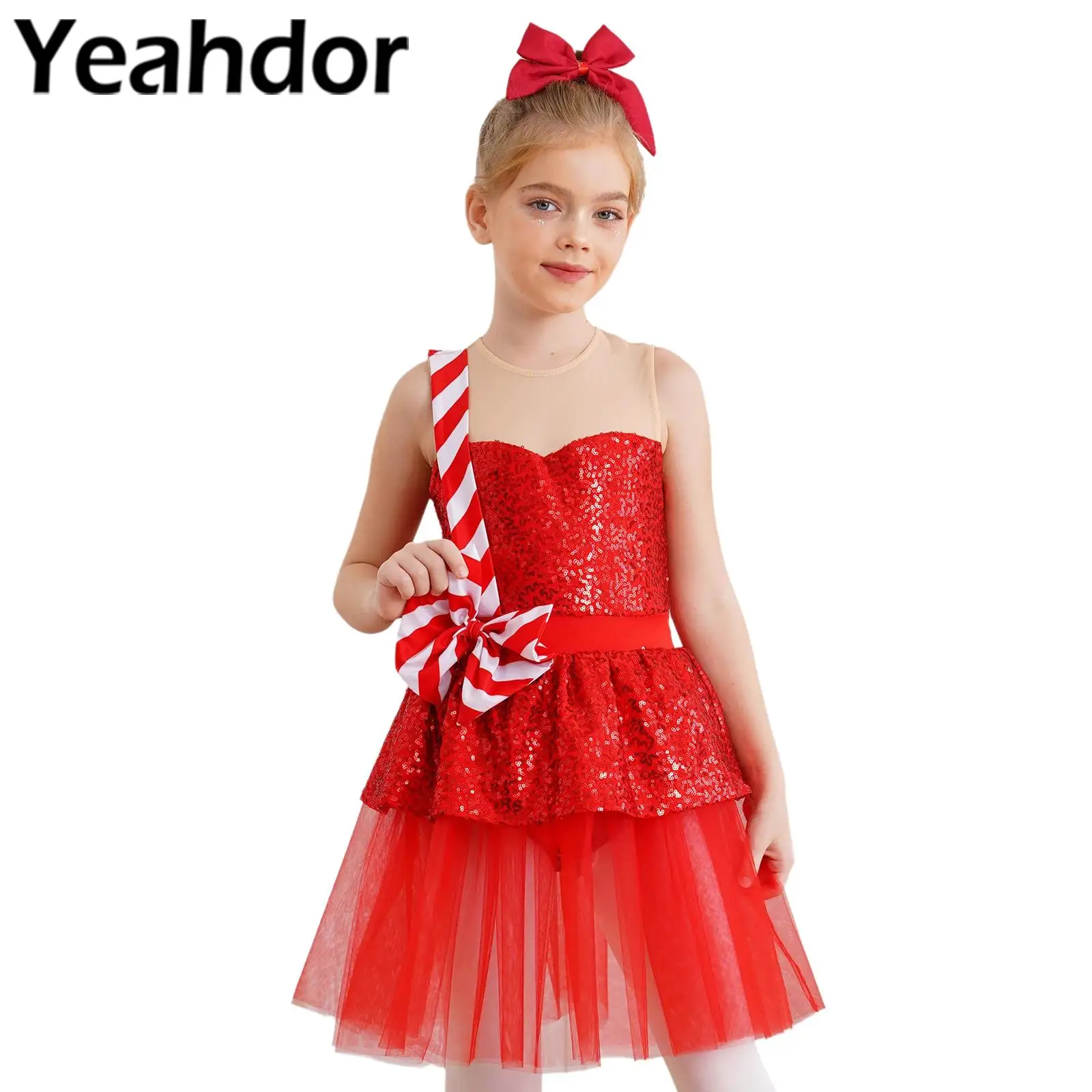 Girl New Year Christmas Dress Carnival Party Gown Sequins Stripes Tutu Dress Candy Cane Costume Holiday Performance Costume