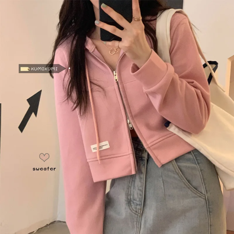 Thin Sweatshirt Female Short Zip Solid Colour Niche 2024 Spring Summer Short Tops Casual Hoodies Cardigan Jacket Coat Outerwear