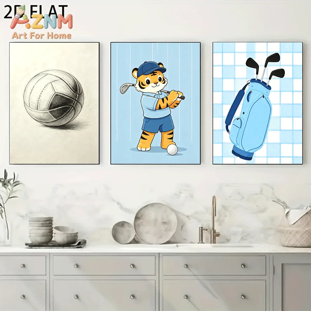 AZNM Frameless Canvas Wall Art, Cartoon Tiger Golf Player Volleyball Sketch Print, Cute Sports Themed Wall Decor for Living Room