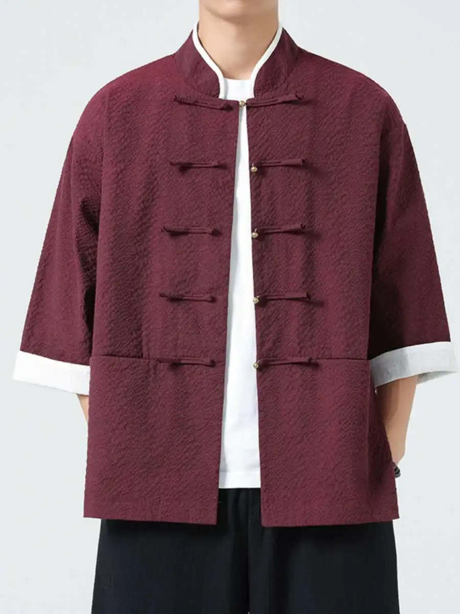 

Новая летняя мужская повседневная рубашка в стиле ретро с пуговицами, свободный костюм-танч с рукавом до локтя, униформа для тай-чи, хлопковая, молодежная, этническая, в стиле кэжуал