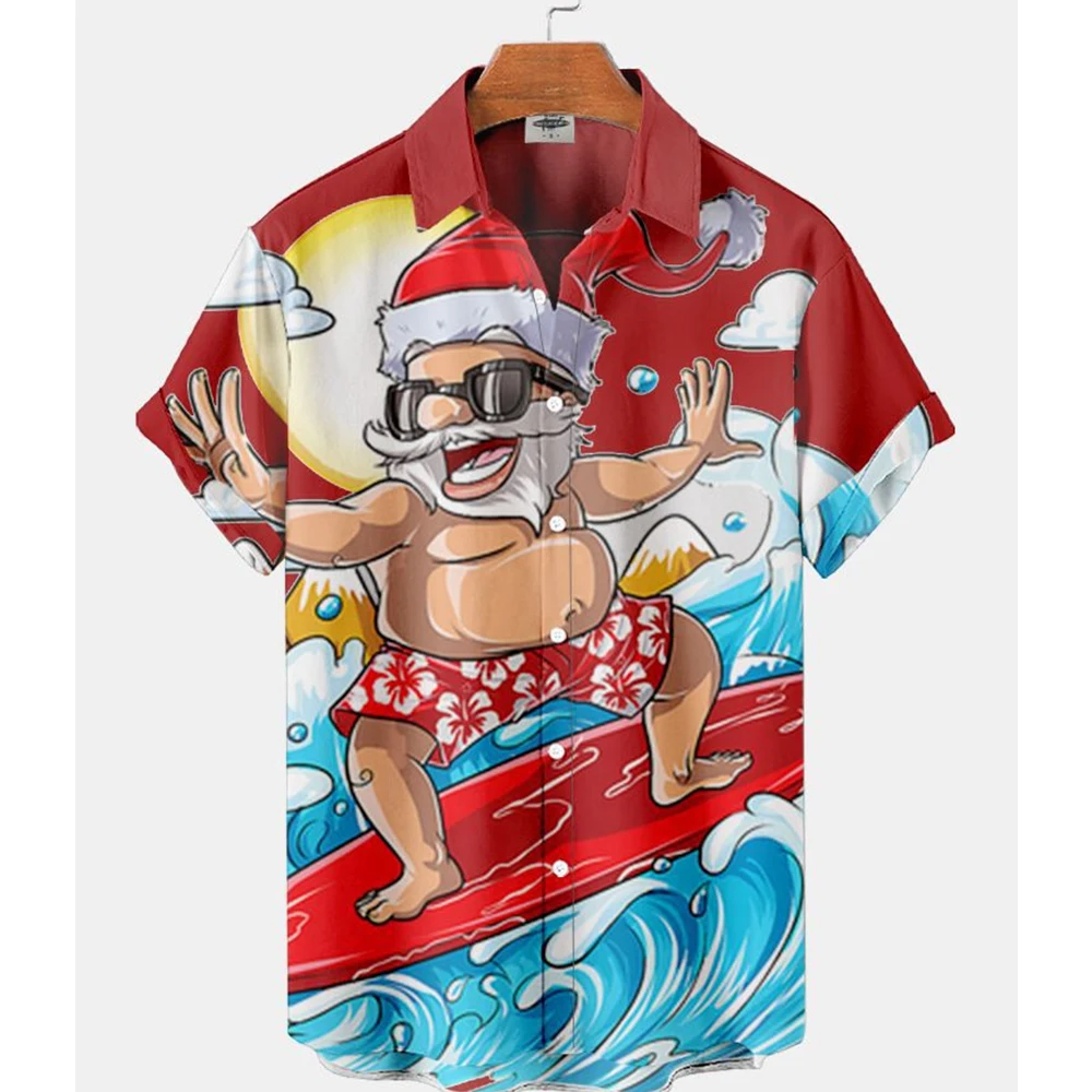 Beach Surfing Vacation Santa Claus Printed Short Sleeved Shirt for Men and Women Tropical Christmas Loose Fitting Shirt