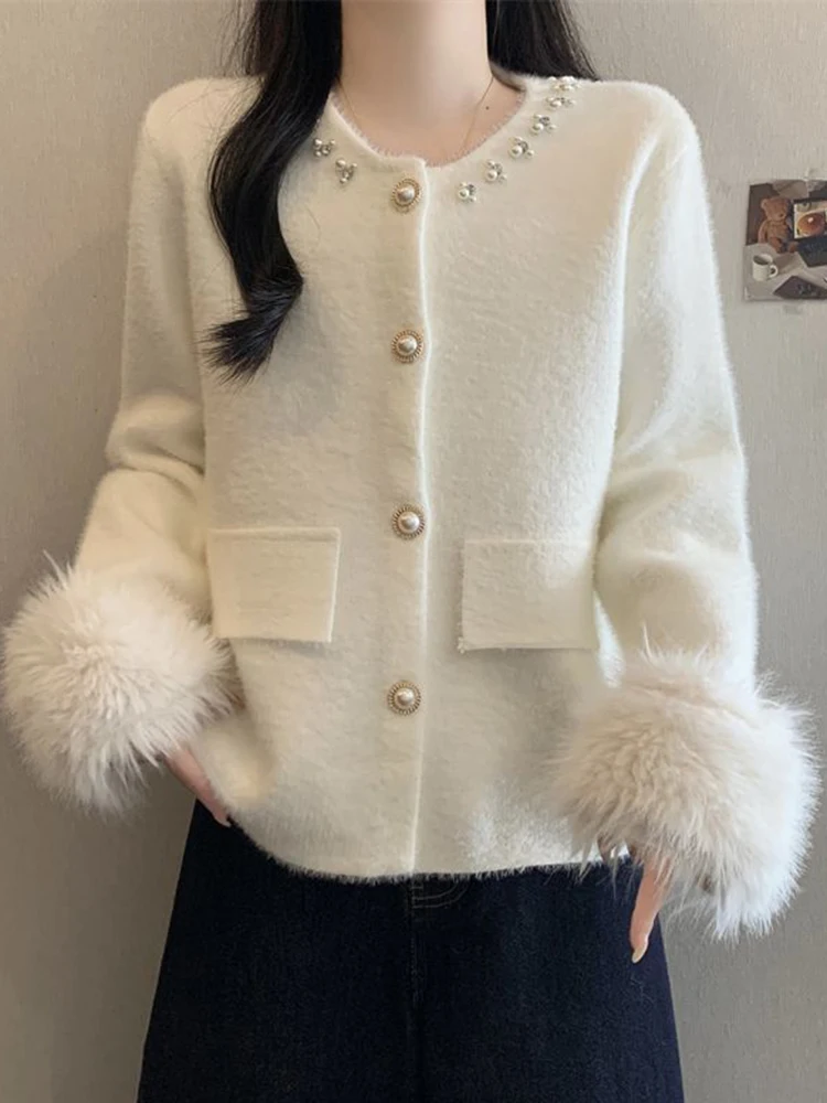 

Zoki Elegant Pearls Sweet Cardigan Women Vintage O Neck Faux Mink Cashmere Knitted Sweaters Korean Casual Long Sleeve Loose Tops