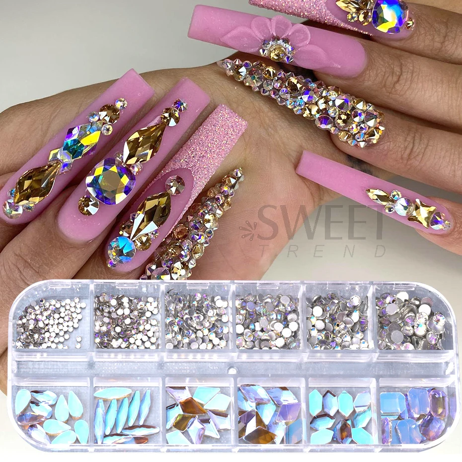 Strass champanhe para unhas, pedras misturadas com parte traseira lisa, cristal irregular, amuletos 3d, joias, acessórios de diamante brilhante, peças de decoração