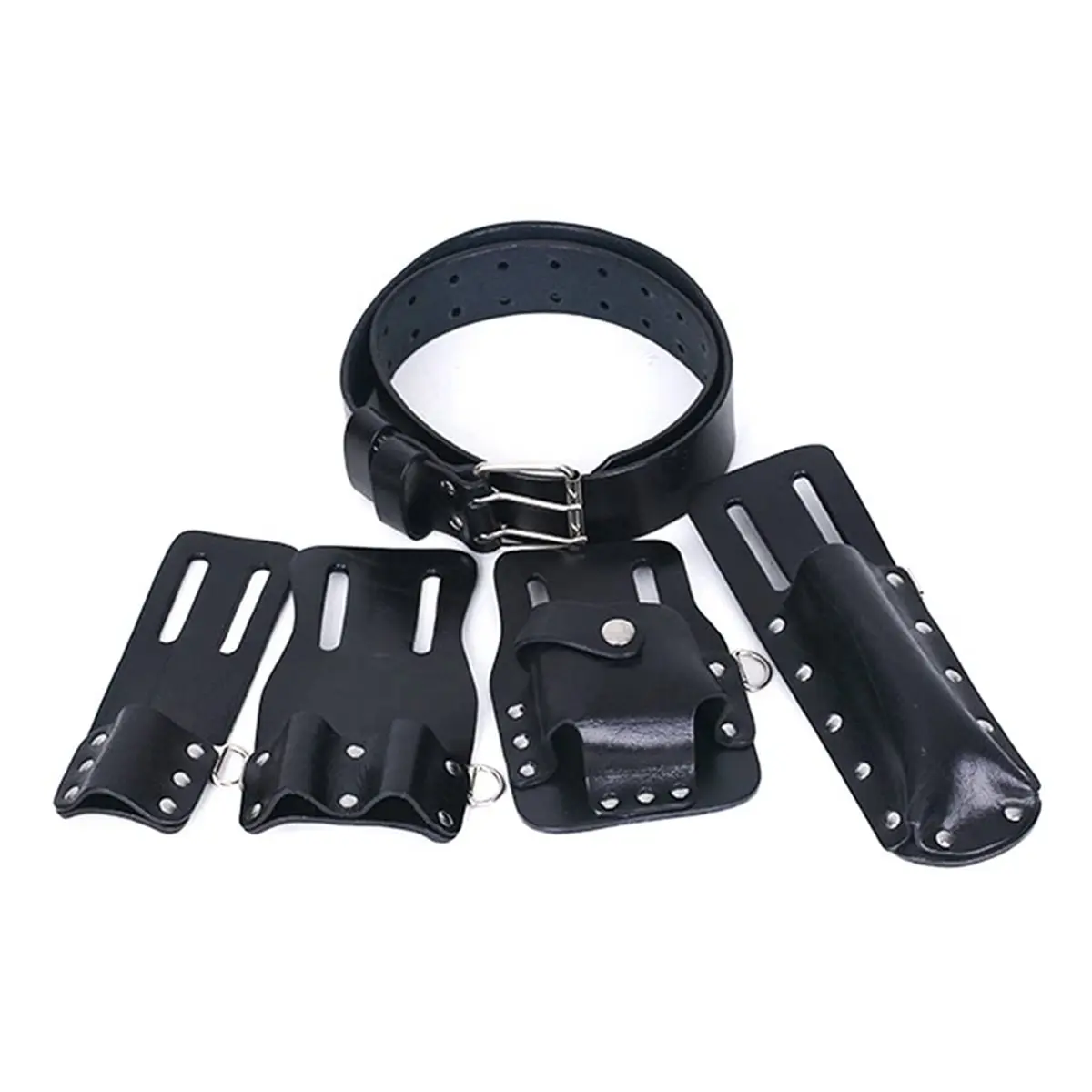 5 Piece Set of Genuine Leather Scaffolding Belt, Black Leather equipment Belt Cowhide