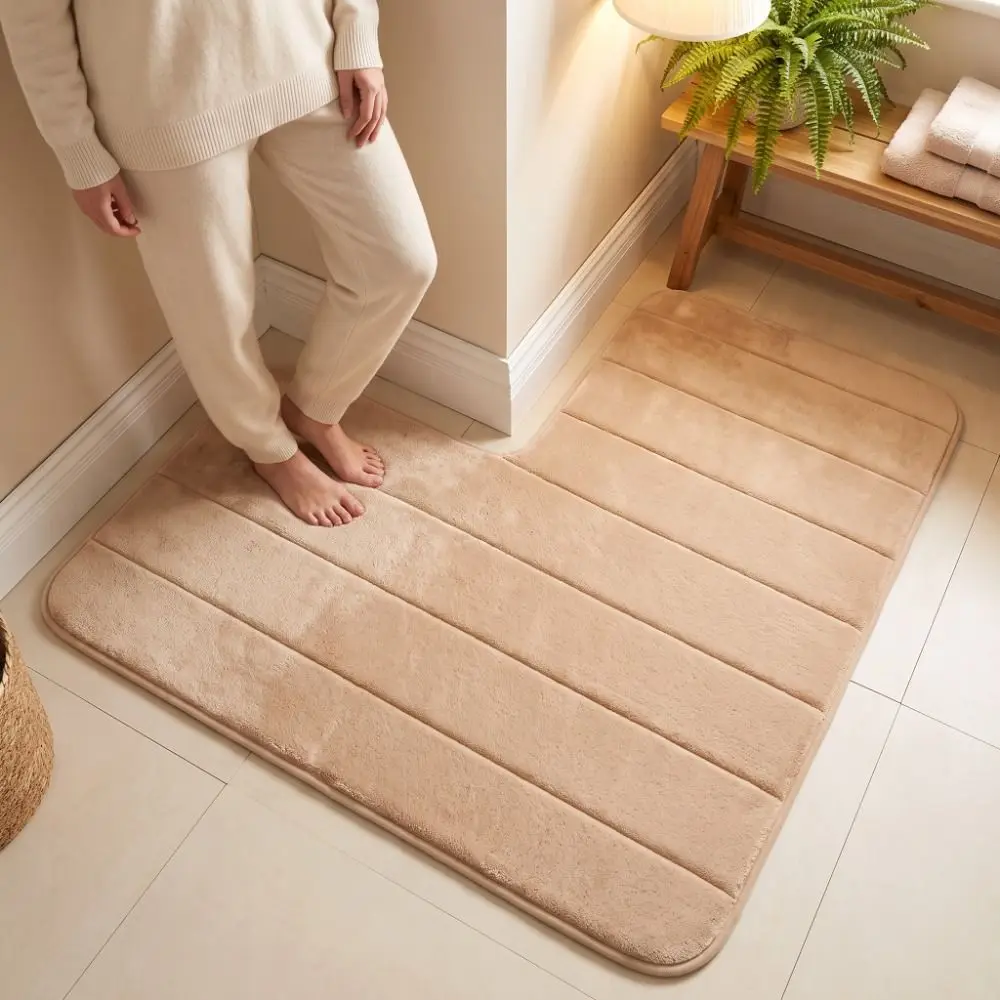 Coral Velvet L-Shaped Bathroom Floor Mat Striped Right Angle Absorbent Foot Mat Wear-Resisting Shower Room Mat Shower Room