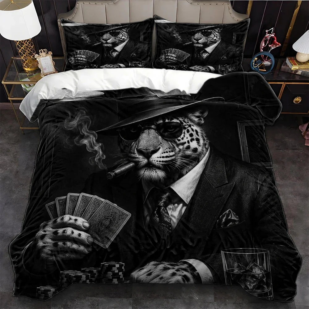 Juego de Funda Nórdica de 3 Piezas con Estampado de Leopardo de Moda y Temática de Póker para Caballero, Juego de Ropa de Cama de Tres Piezas (1 Funda Nórdica + 2 Fundas de Almohada), Apto para Todas las Estaciones, Lavable a Máquina, Diseño con Cremallera Invisible, Funda para Cama Doble Grande, Apto para el Hogar, Dormitorio, Recámara Principal, Habitación de Invitados, Juego de Ropa de Cama con Estilo Artístico Vintage en Blanco y Negro, Juego de Ropa de Cama con Estampado Animal Antropomórfico Personalizado, Juego de Ropa de Cama de Moda de Gran Venta con Estampado Plano 2D