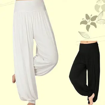 Vintage spor kadın Harem pantolon Yoga gevşek uzun pantolon göbek dans Boho spor geniş pantolon Yoga giyim