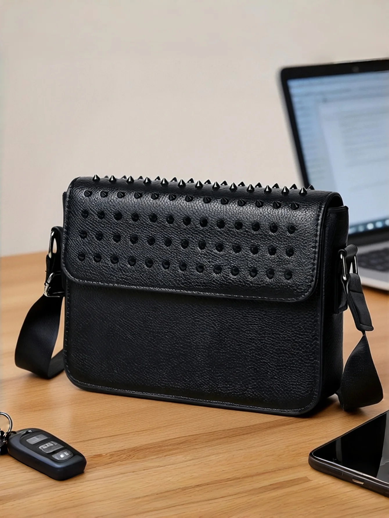 Men Punk Rivet Studded PU Leather Crossbody Bag, Large Capacity Magnetic Flap Shoulder Messenger Bag with Adjustable Strap