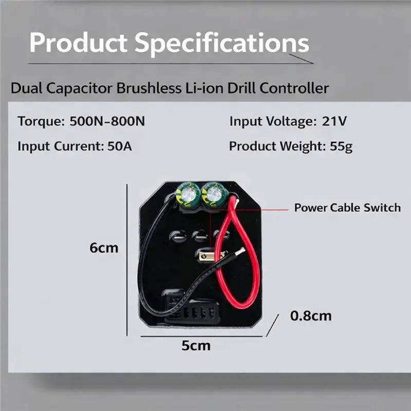 DT19 Brushless Lithium Drill Controller Board, 21V 50A Dual-Capacitor Electric Drill Controller 600W for Power Tools