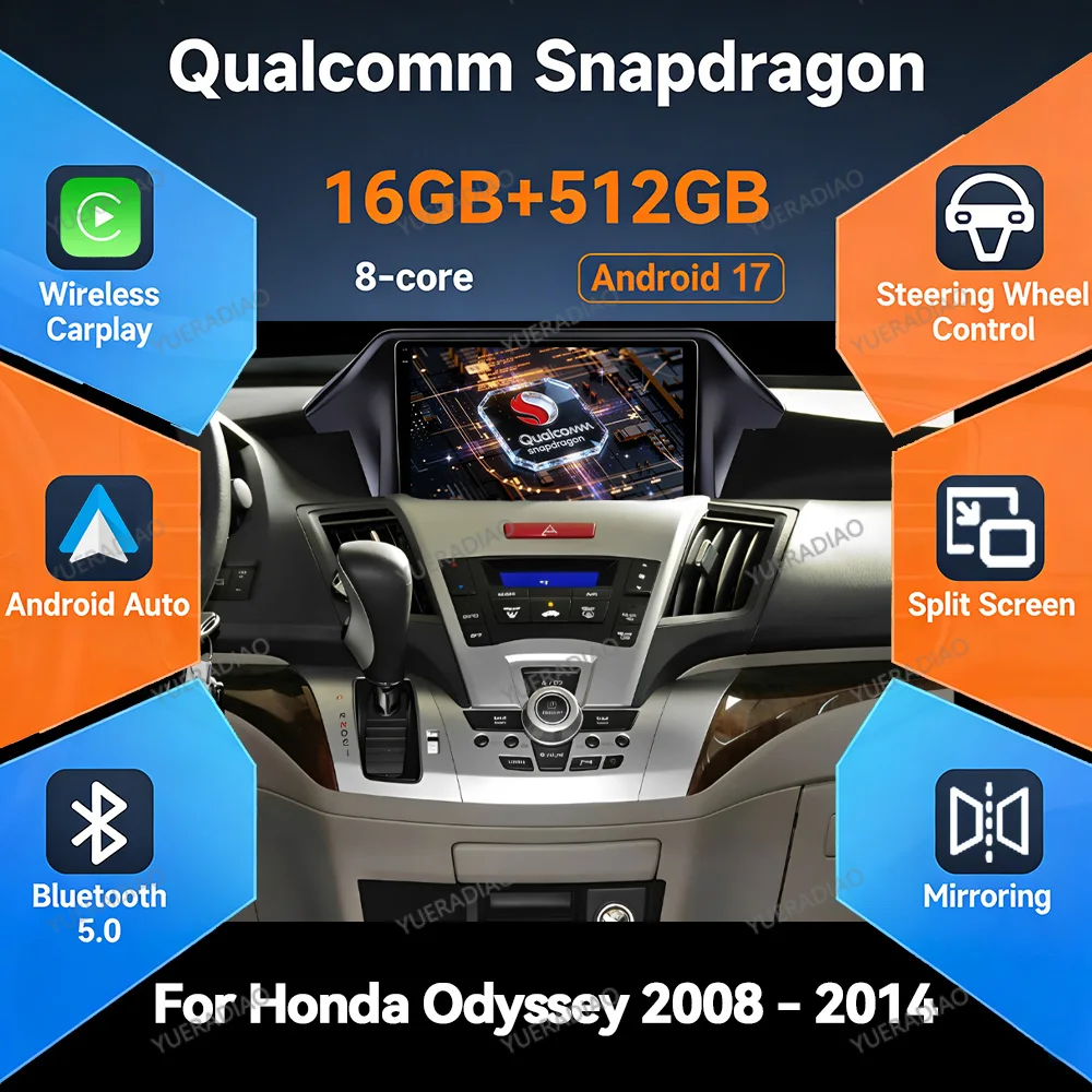 Radio para Auto Android 17 para Honda Odyssey 4 RB3 RB4 2008 - 2014, Mirror Link, BT, 2DIN, GPS, Navegación, Pantalla Táctil, Autoradio, 4G LTE, 5G WIFI
