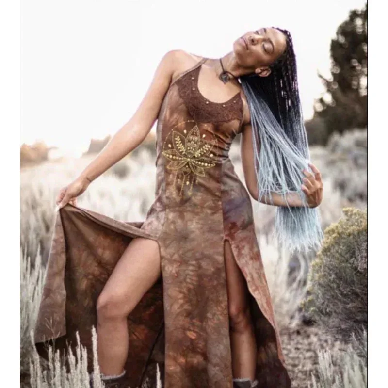 Abito Boho vintage da donna HIippie gotico medievale luna stampa sole scollo all'americana diviso maxi abito estivo costume da strega di loto ZZs;2,