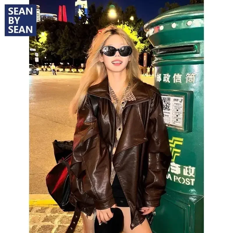 Shpmishal 2024 New American Retro Leather Jacket with Women's Design Sense Ins Rascal and Handsome Coat Top Female Clothing