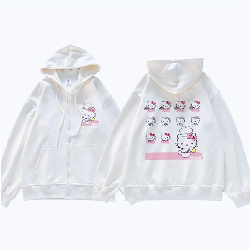 Chaqueta de manga larga con estampado de Hello Kitty para mujer, chaqueta versátil con cremallera, Top de dibujos animados de Disney, color blanco,