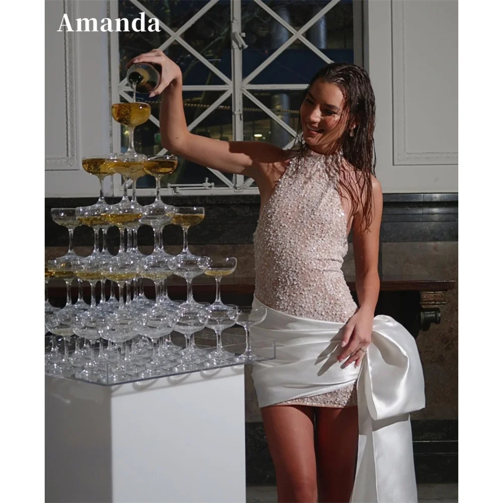 

Amanda Customized High Neck Sequins Lace Mini Wedding Dress Sleeveless Sheath vestidos de noche Backless Side Bow Formal Evening