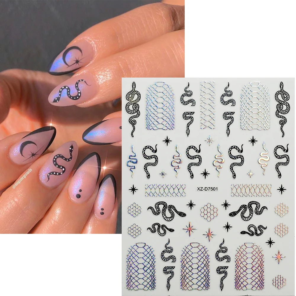 12 pièces 3D oeil de démon noir serpent conception ongles autocollants coloré Laser argent serpent Nail Art autocollants serpent décalcomanies pour bricolage manucure *