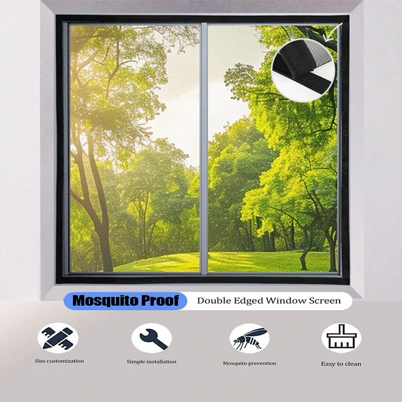 

A black mesh frame mosquito net, insect proof window mesh, non perforated self-adhesive tape, suitable for door and window mesh.
