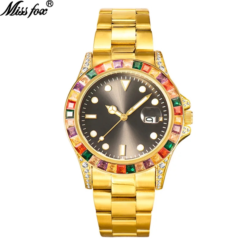 Official brand free shippingFashion High-End Rhinestone-Encrusted Colorful Crystals Stainless Steel LuminousMen's Watch