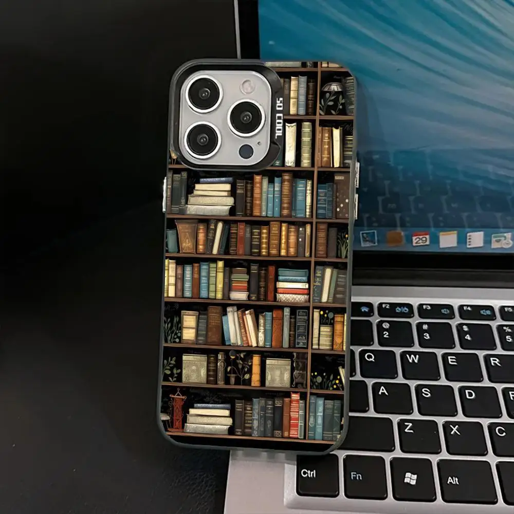 

Retro bookshelf pattern phone case for iPhone 16 15 14 13 12 11 Pro/ Max/Plus shock-proof rear cover anti-fingerprint