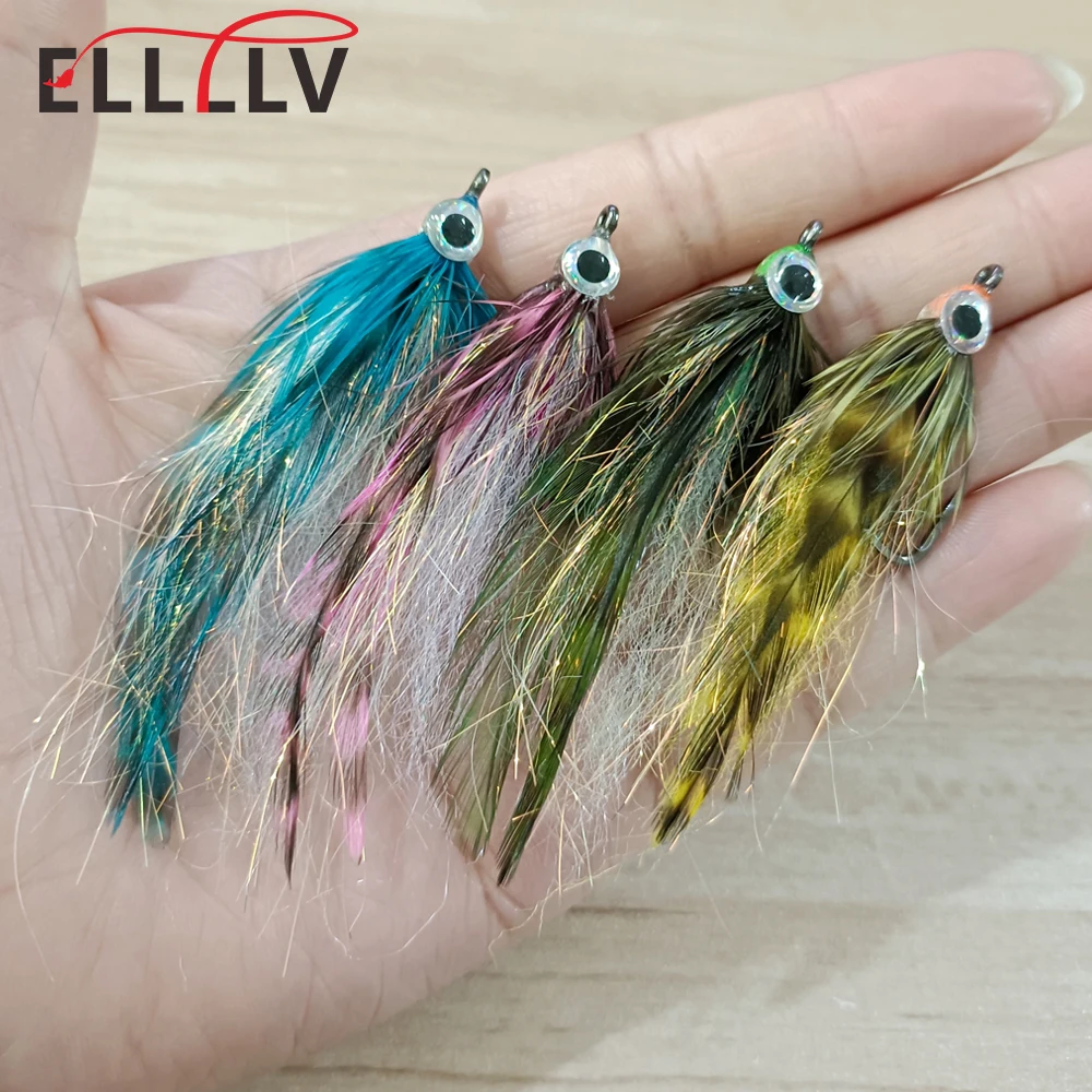 Ellllv 2PCS/4PCS 2.3″~2.7″ Length Grizzly Saddle Hackle 3D Eyes Baitfish Fly Small Saltwater Streamers Flies Fishing Lure Baits