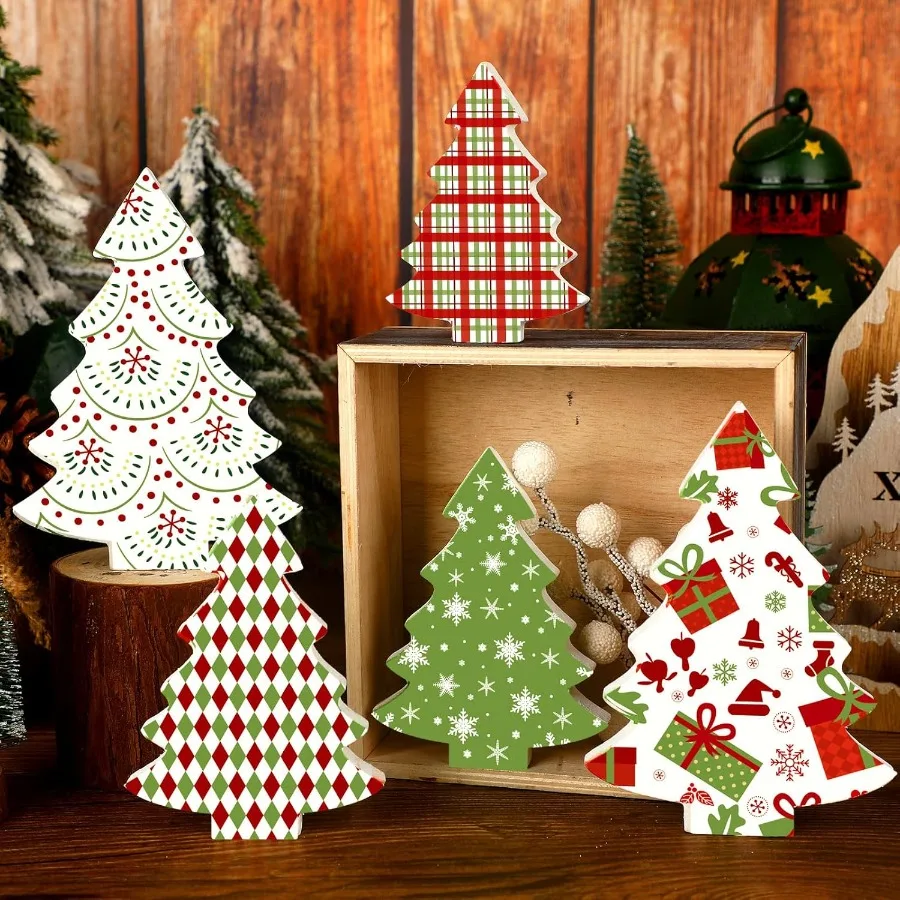 5 Pcs Christmas Table Decoration Wooden Xmas Tree Tiered Tray Decor Centerpiece Gift Box Indoor Christmas Tree for Shelf Mante