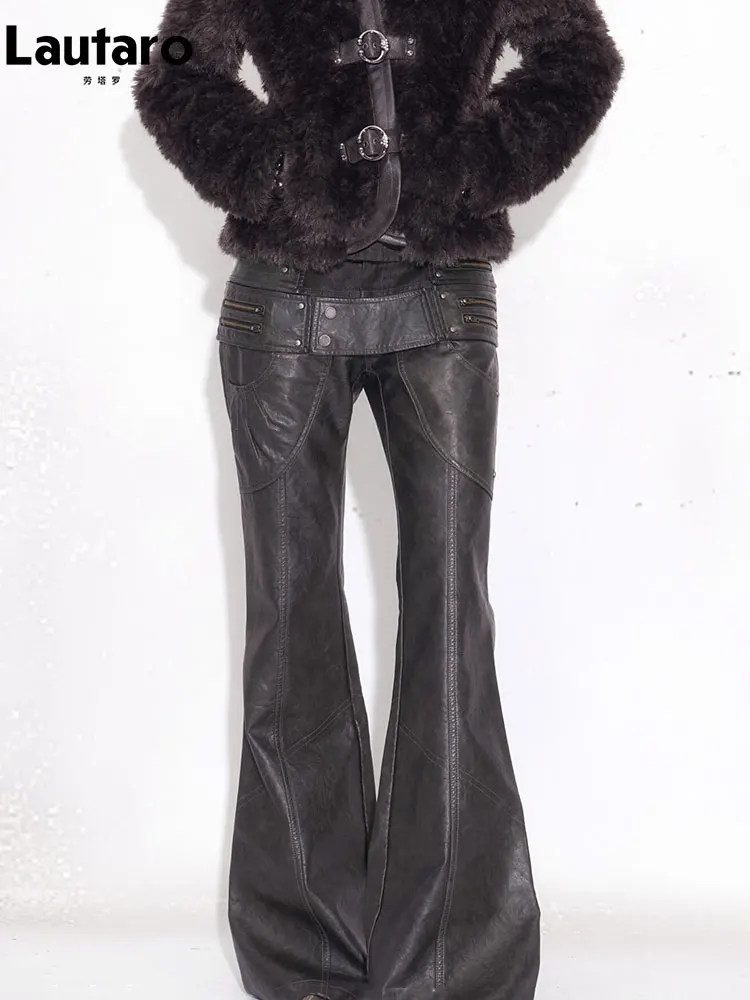

Lautaro Spring Autumn Distressed Pu Leather Flare Pants Women High Waist Grunge Punk Style Luxury Emo Clothes Streetwear 2026