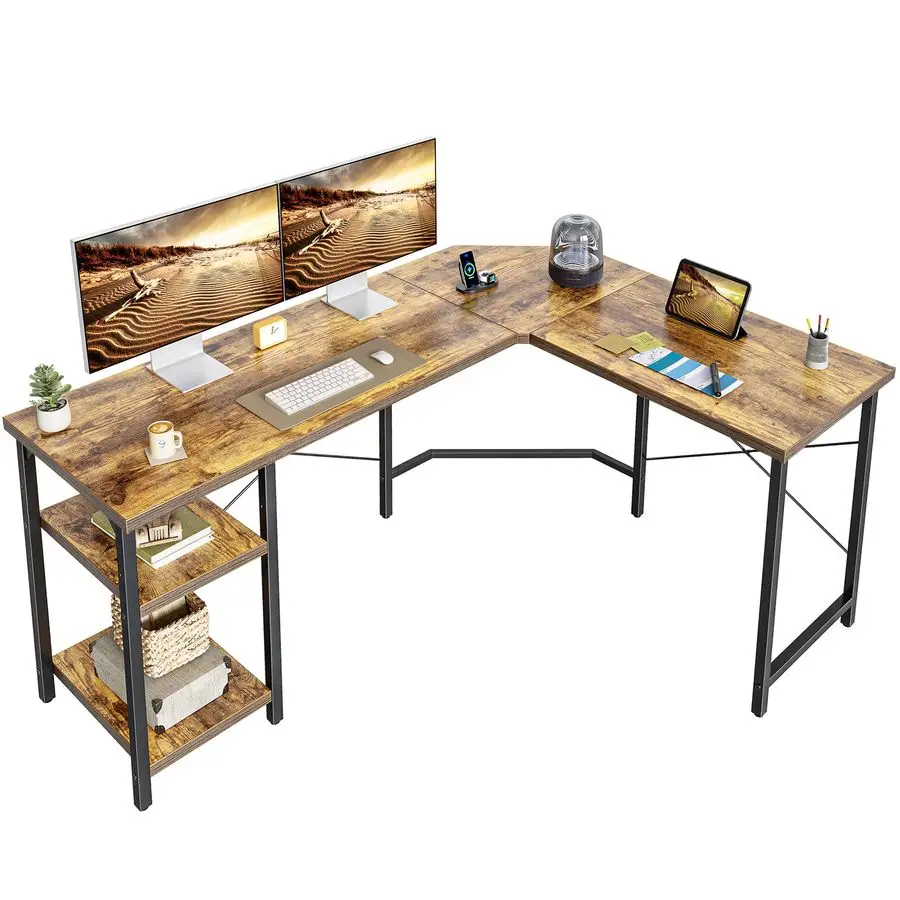 

L Shaped Desk, 59.1 Inch Reversible Corner Desk with Storage Shelves, Home Office Desk for Writing Gaming Study, Rustic Brown