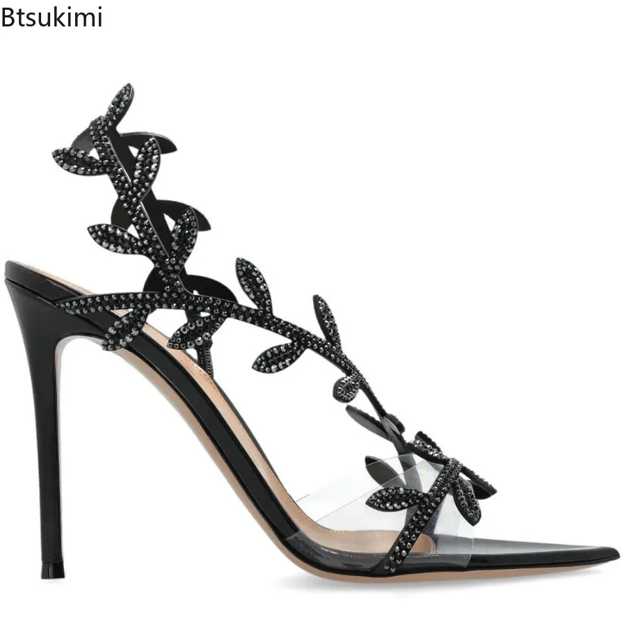 

New 2025 Women's Summer Street Style PVC Transparent Crystal Pointed Toe Sandals Fashion Stripper Thin Heels Party Shoes Ladies