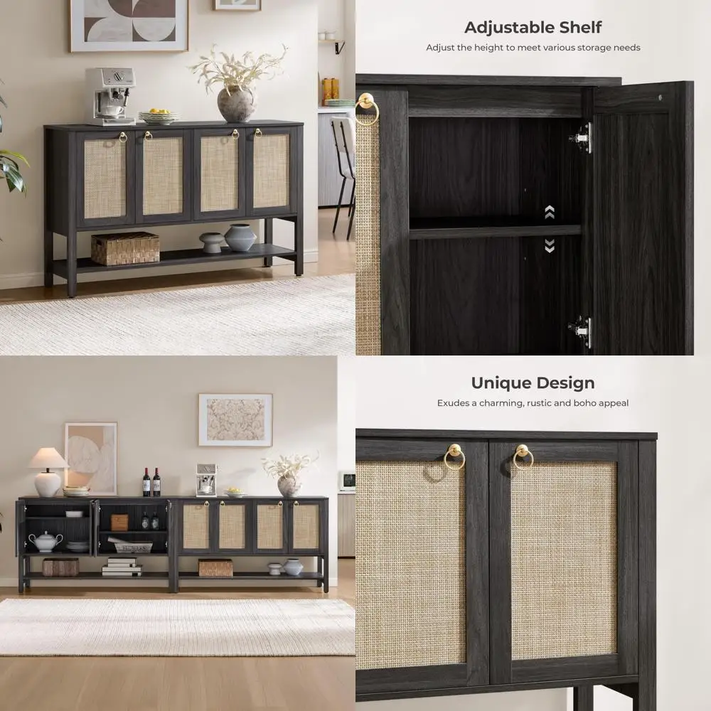 Large Boho Style Rattan Buffet Cabinet with 4 Doors, Adjustable Shelves, Open Storage for Stylish Dining Room