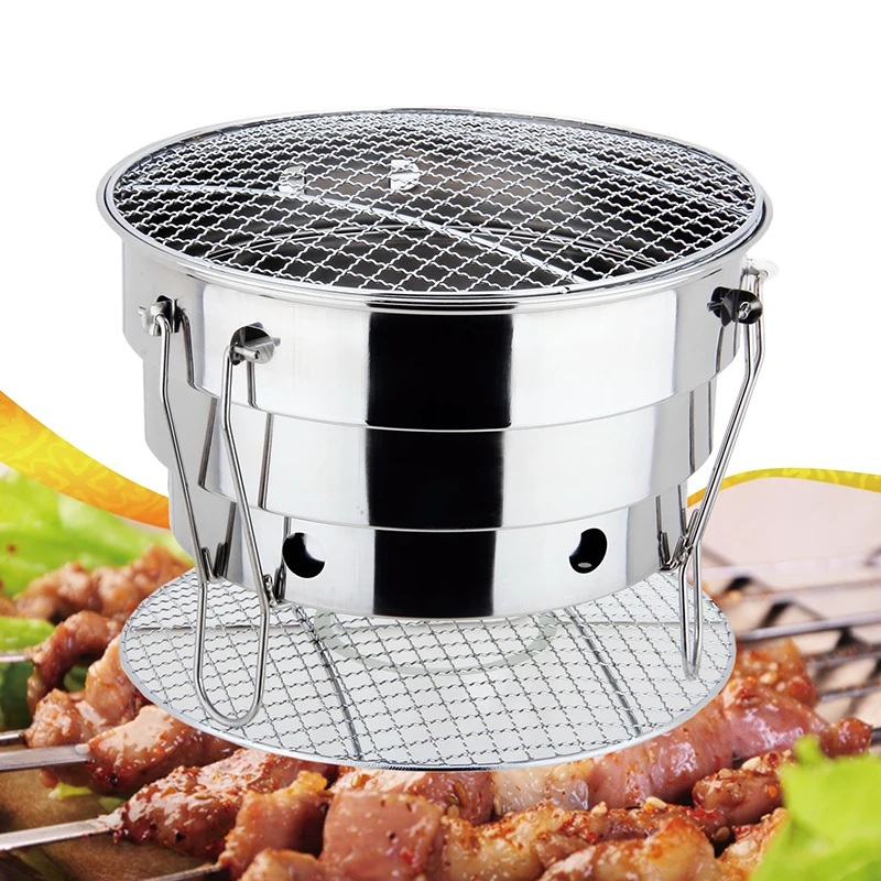 Camping Three-layer Grill Stainless Steel Portable BBQ Grill Net Outdoor Picnic Round Charcoal Stove Detachable Folding Grill