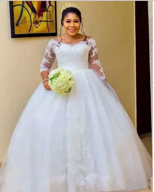 Personalizado novo 3/4 mangas vestido de baile vestidos de casamento trem varredura rendas vestidos de noiva