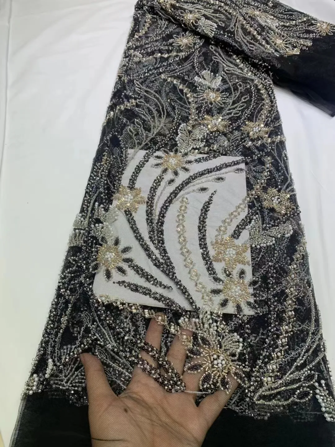 Black African Beads lace Fabric 2024 High Quality Sequins Embroidery French Beaded Tulle Laces For Nigerian Wedding Dresse