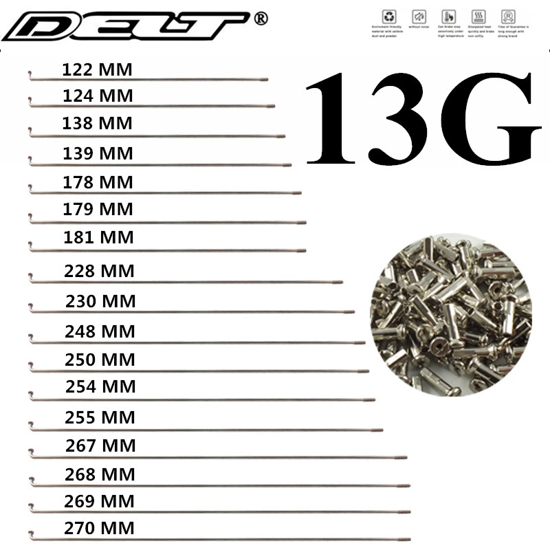 DELT 5 Pcs 304 Stainless Steel ,Bicycle Spokes, 13G(2.25mm)122/124 138 139 179 228 /250 255 268 270MM Nipples End Caps E-Bike Pa