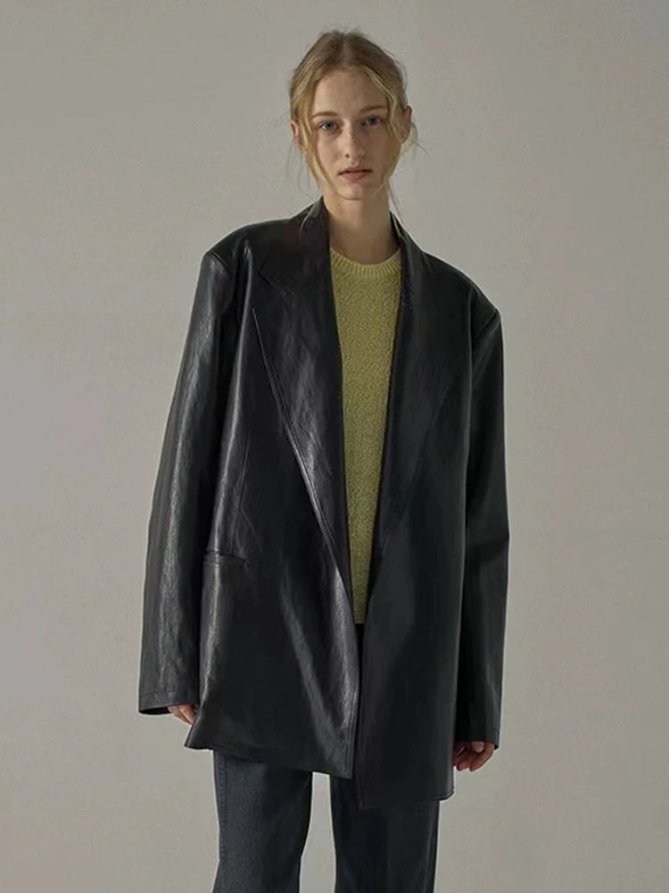 

Women's Loose Fit Leather Jacket Coat Korean Style Early Spring New Fashion Ins Wind Pockets Commute Style Water Washed Leather