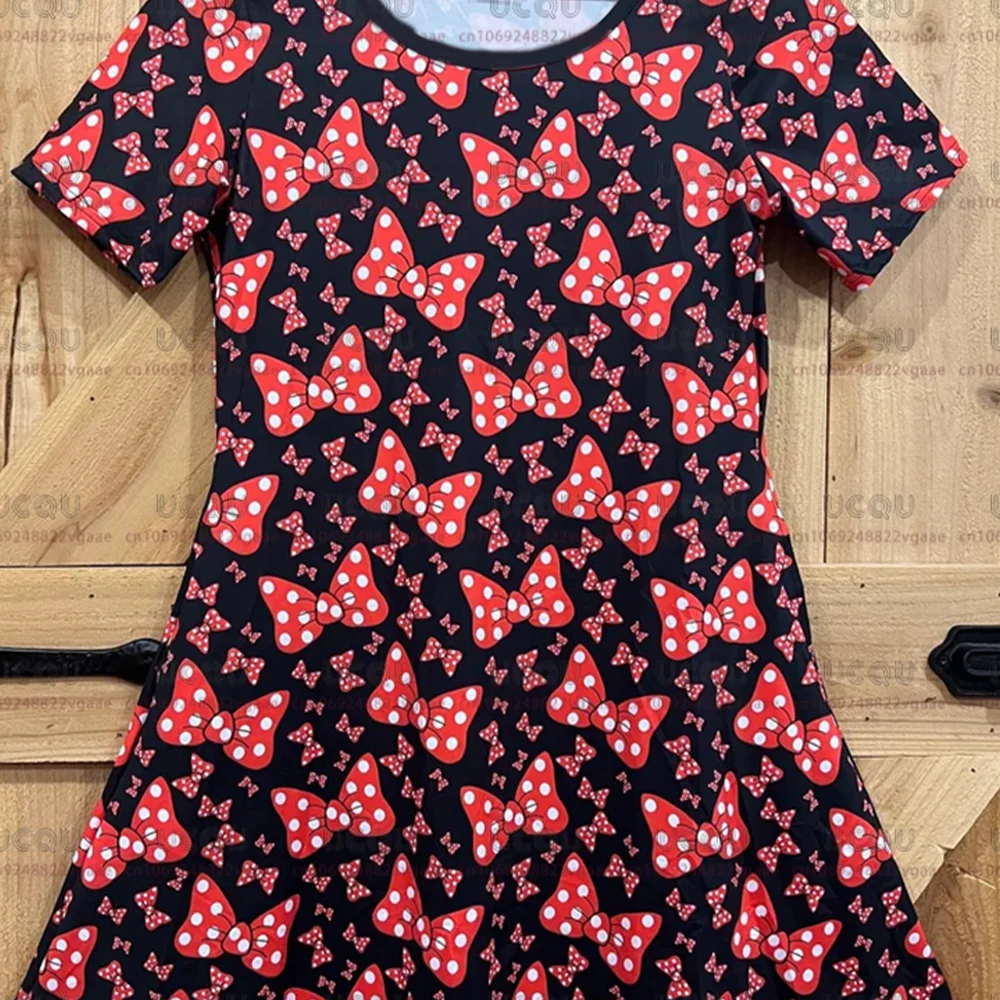 2025 ديزني ميني ماوس الأحمر البولكا نقطة القوس طباعة فستان أسود قصير الأكمام تنورة النساء الفتيات هدية Y2k الملابس تي شيرت جديد #4