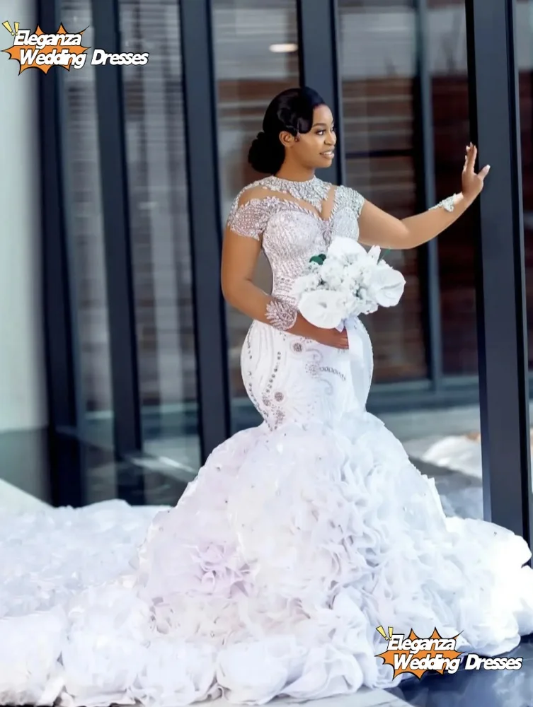 Abito da sposa a sirena con perline di cristalli a maniche lunghe personalizzato per la sposa Matrimonio Abiti da sposa africani Aso Ebi a strati in organza 1