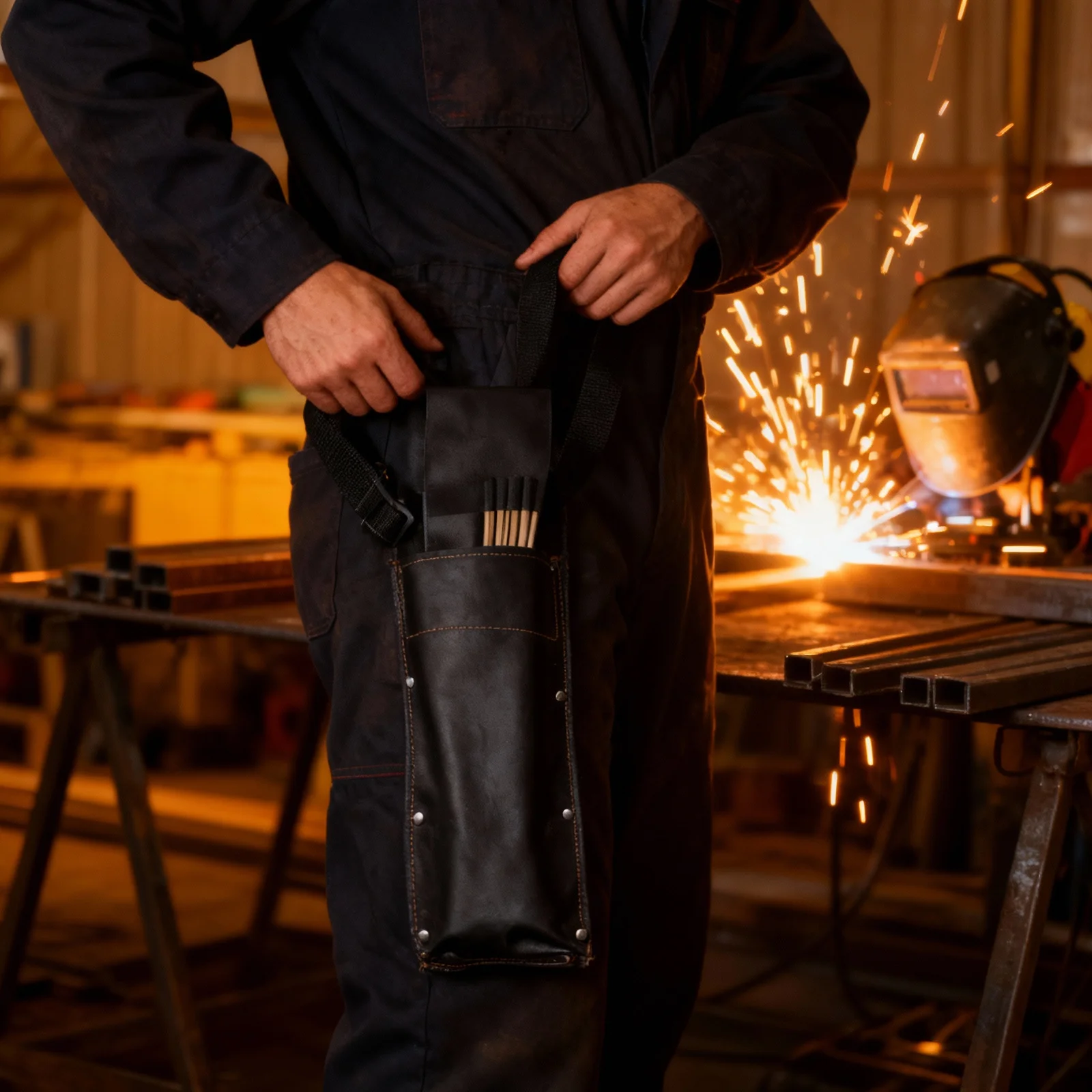 1pc Adjustable Welding Rod Bag Premium Cowhide Fireproof Anti-Scalding Wear-Resistant For High- Construction Storage