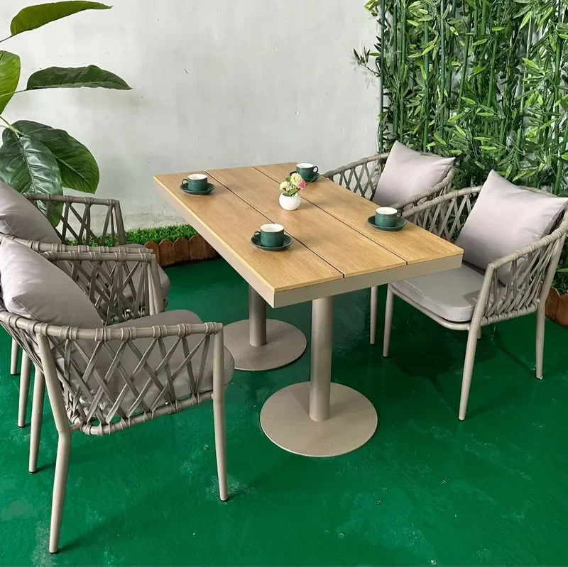 for Outdoor Plastic Wood Tables and Chairs Garden Antiseptic Wood Leisure Set Waterproof Sunscreen Patio Table and Chair