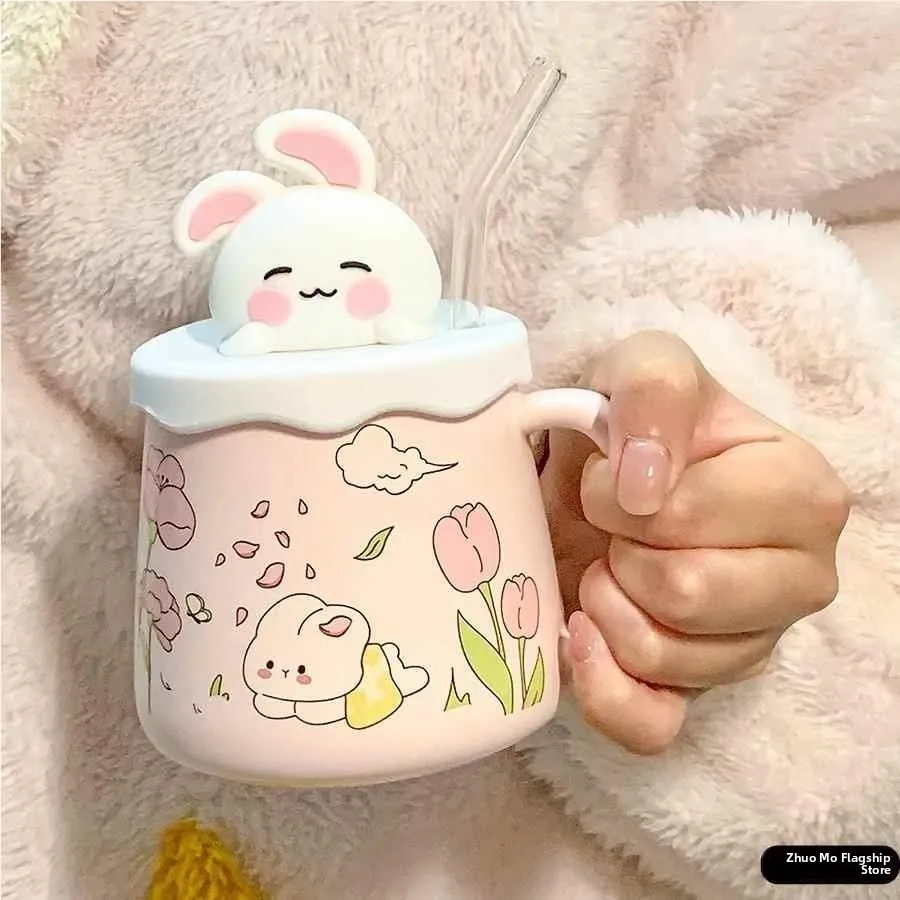 かわいいウサギのストロー付きセラミックマグカップ、高審美価値の水飲みカップ、子供や女性への誕生日プレゼント、家庭用、蓋なしマグカップ