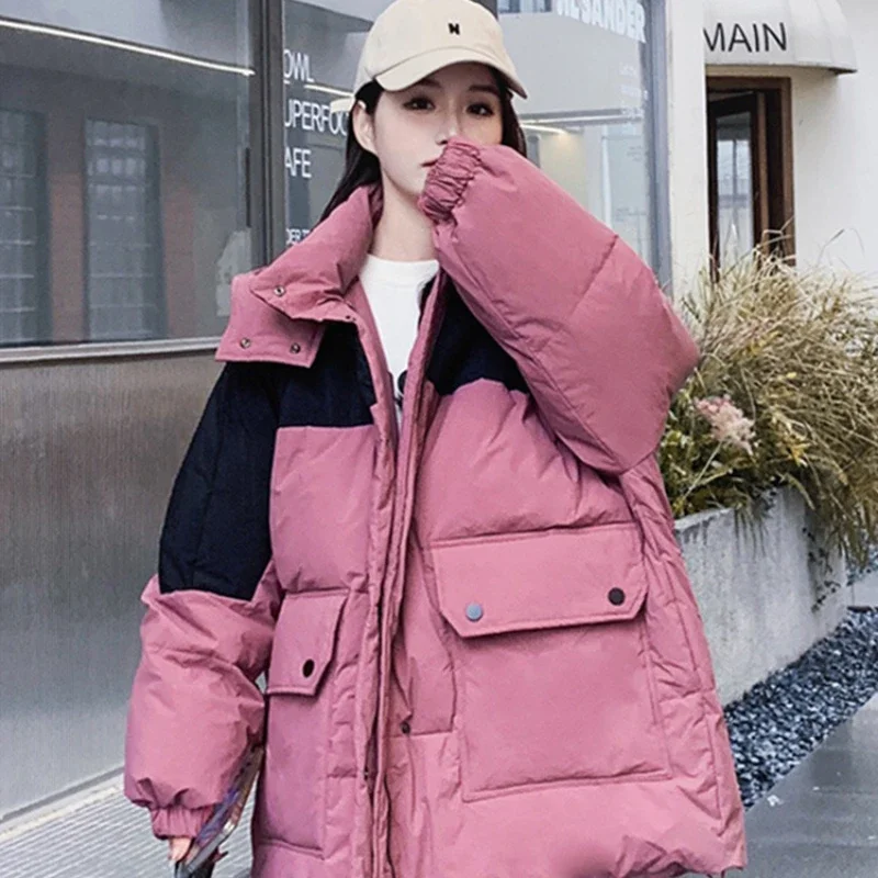 2024 New White Duck Down Hooded Korean Version Casual Color Contrast Thickened Warm Down Jacket Fashionable Bread Jacket