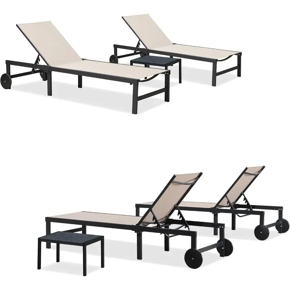 

Outdoor Chaise Lounge Chairs Set Recliner Adjustable Chair with Wheels and Table for Poolside Beach Patio Aluminum