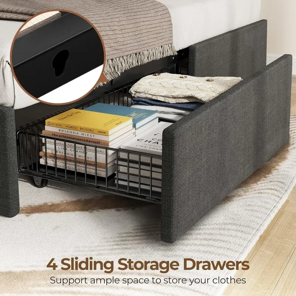 LED Queen Bed Frame with 4 Storage Drawers, Upholstered Bed with Adjustable Headboard& Charging Station, No Box Spring Needed