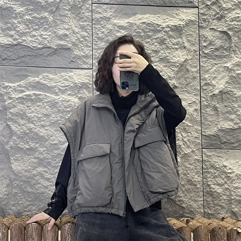

2026 осенне-зимний хлопковый жилет, женский короткий хлопковый жилет на молнии, куртка, свободное универсальное хлопковое пальто без рукавов с большим карманом